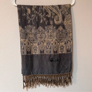 Pashmina Scarf Wrap Tan Grey Patterned 50% Cashmere